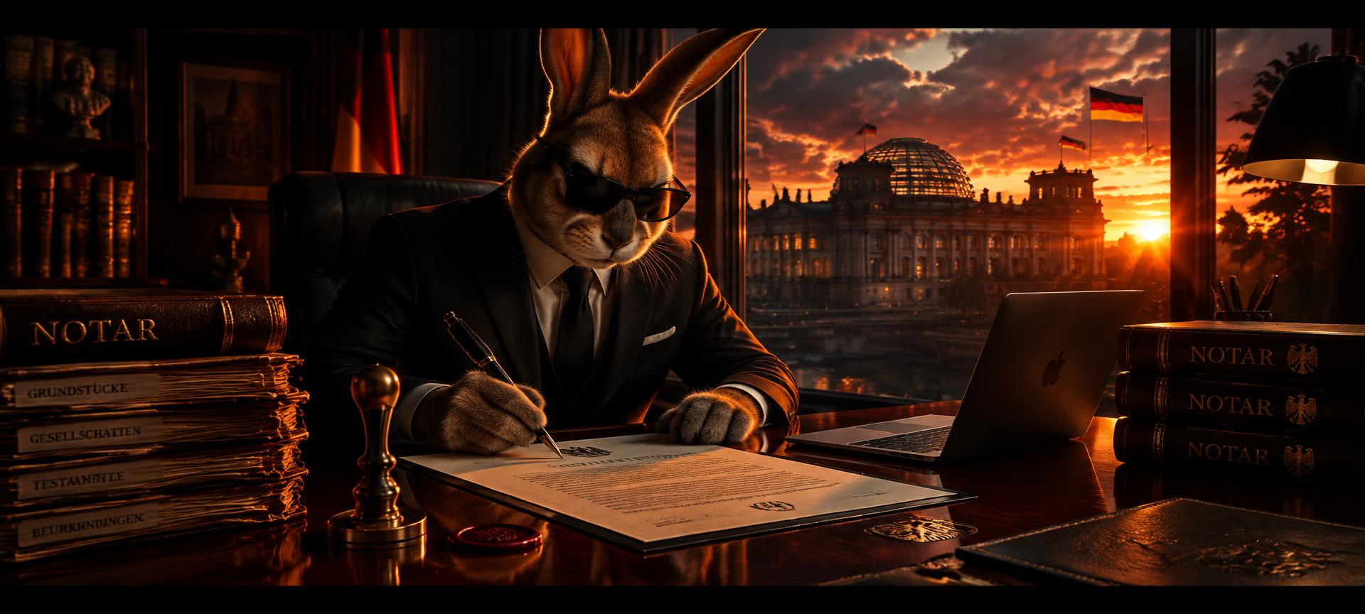 Bad Notary Bunny — cinematic still: a rabbit notary in sunglasses signs a document at his desk while the Reichstag burns with sunset light behind him
